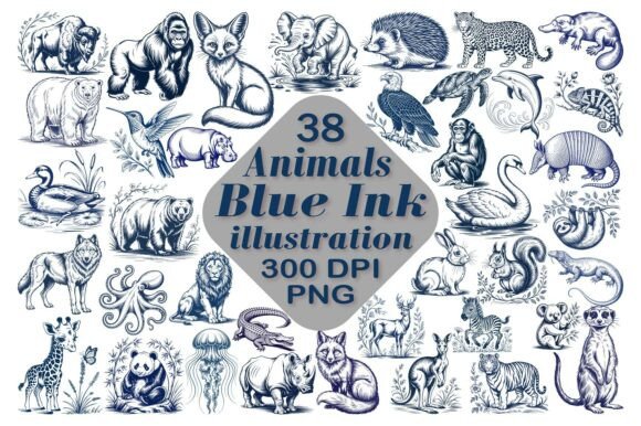 Download Animals Blue Ink Illustrations PNG - Illustrations Collection